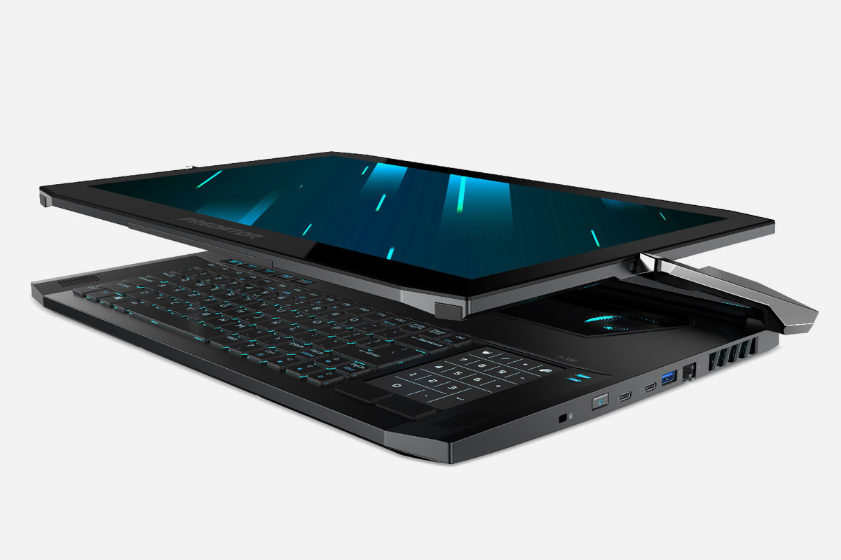 Компания Acer тоже представила ноутбук-«оборотень». Он устроен иначе: дисплей Predator Triton 900 связан с корпусом специальными шарнирами, позволяющими установить его под любым углом или вообще положить сверху на клавиатуру.