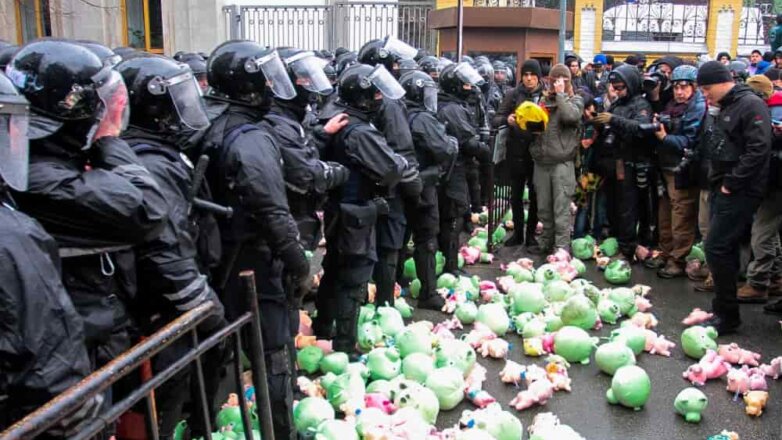 Националисты в Киеве забросали администрацию президента плюшевыми свиньями