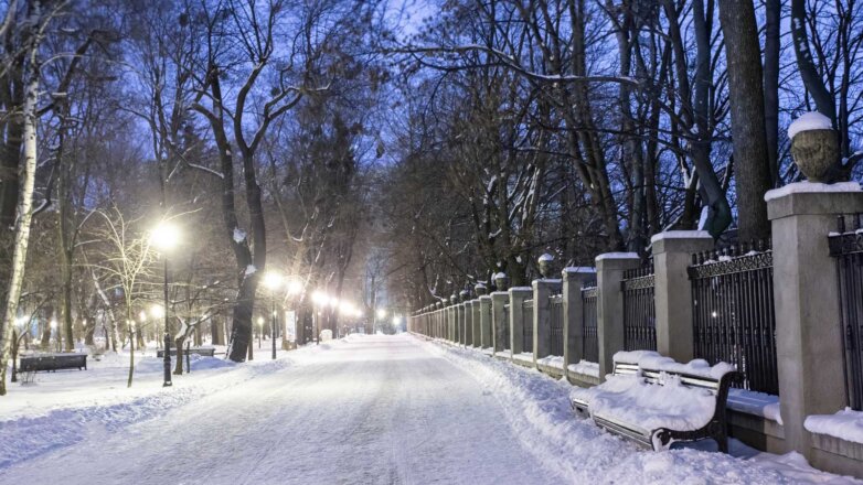 Ночные морозы парк лавочки город вечер