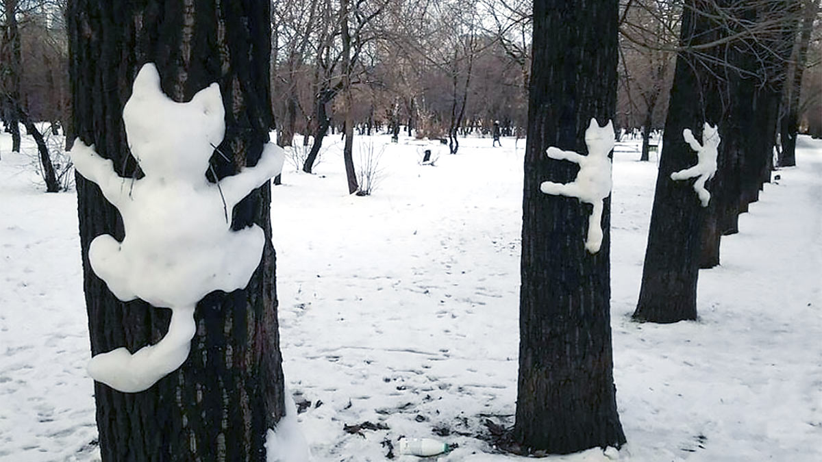 Плоские скульптуры из снега на деревьях
