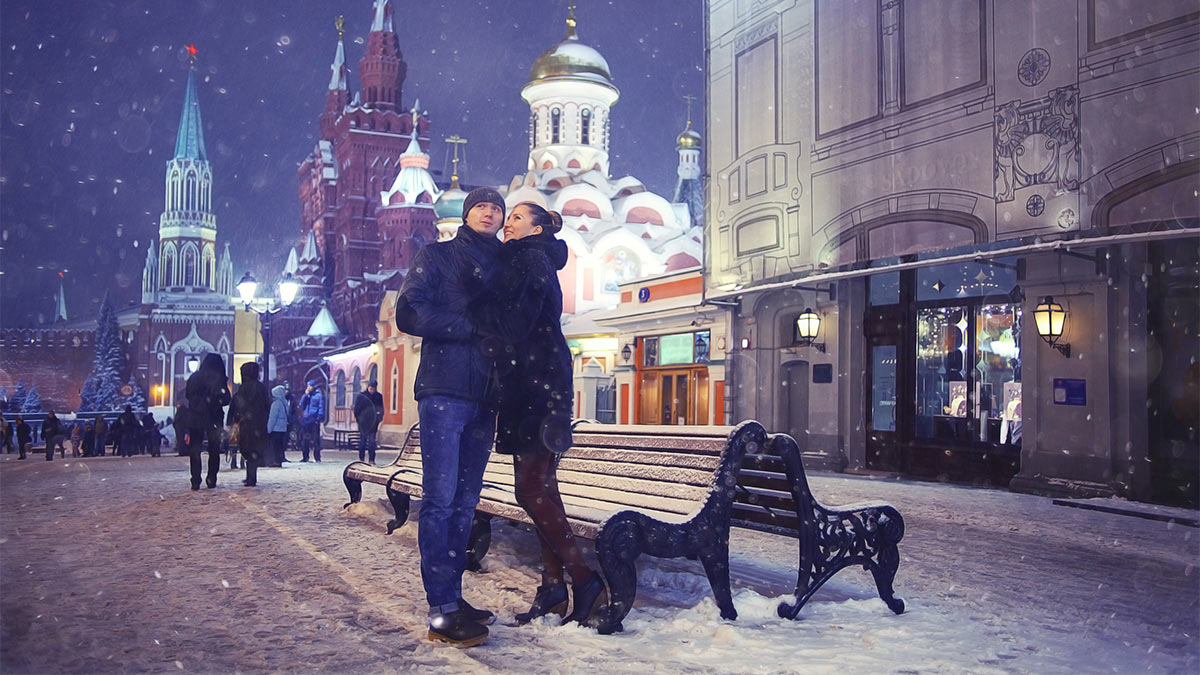 Счастливая молодая пара в Москве