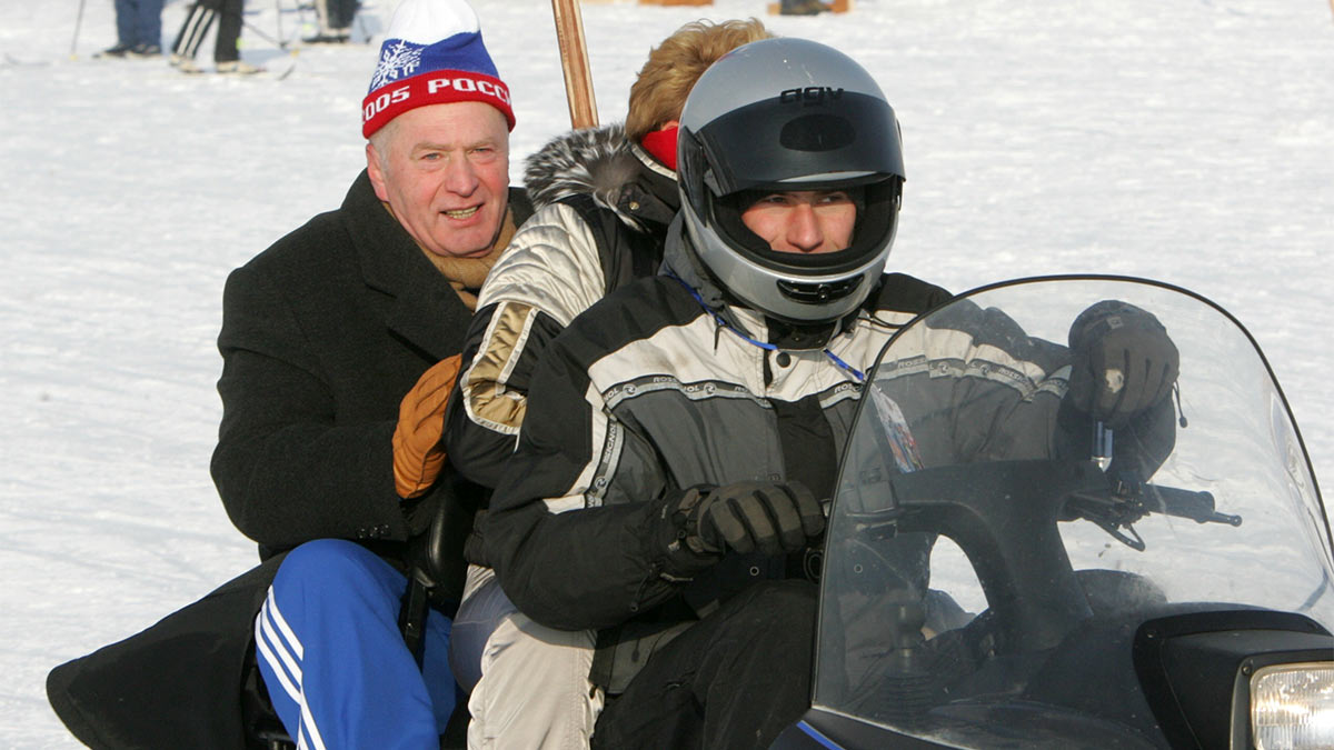 Владимир Жириновский катается на снегоходе, 2005 год