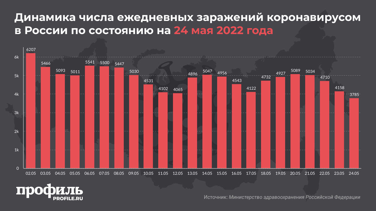 Динамика числа ежедневных заражений коронавирусом в России по состоянию на 24 мая 2022 года