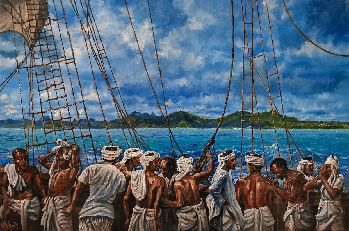 Первые наемные индийские рабочие, прибывающие на Маврикий в 1834 г.