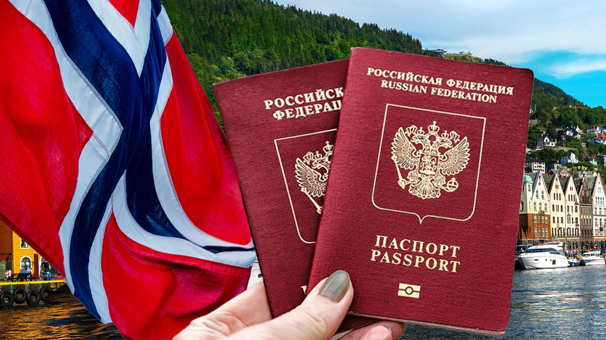 Флаг Норвегии и загранпаспорта РФ