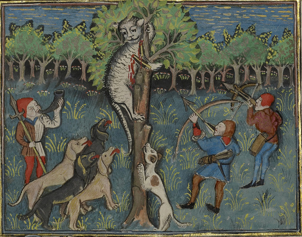 Позднесредневековое изображение охотников и собак, нападающих на раненого кота