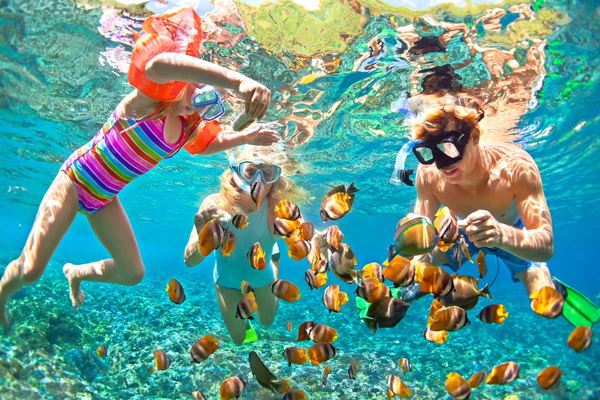 Семья ныряет под воду с тропическими рыбками в морском бассейне кораллового рифа в Таиланде