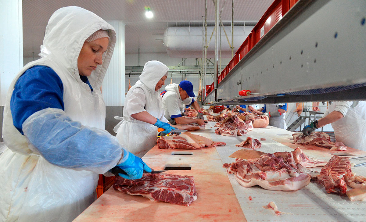 Сотрудники на мясоперерабатывающем комбинате в Челябинской области