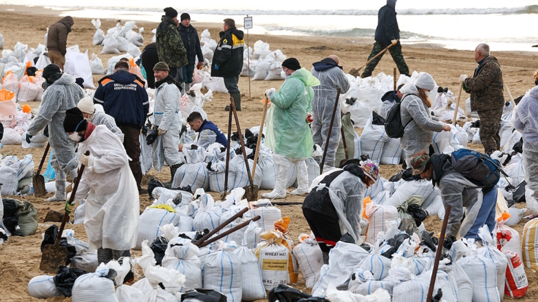 Волонтёры во время сбора разлитого мазута на пляже