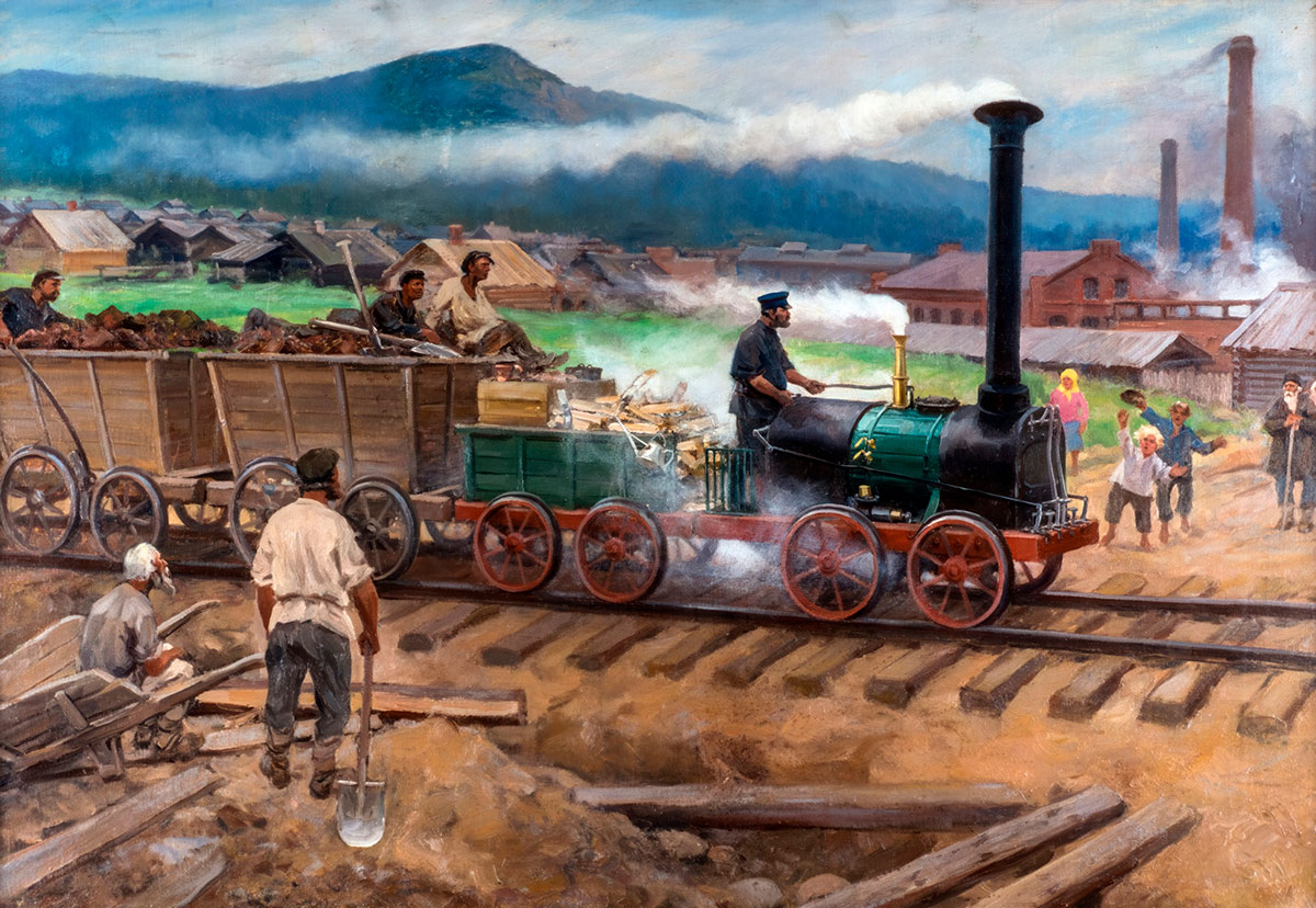 Картина Ивана Владимирова "Первый русский паровоз", 1929 год